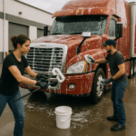 Workers-Cleaning-Red-Semi-Truck