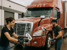 Workers-Cleaning-Red-Semi-Truck