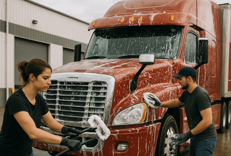 Workers-Cleaning-Red-Semi-Truck